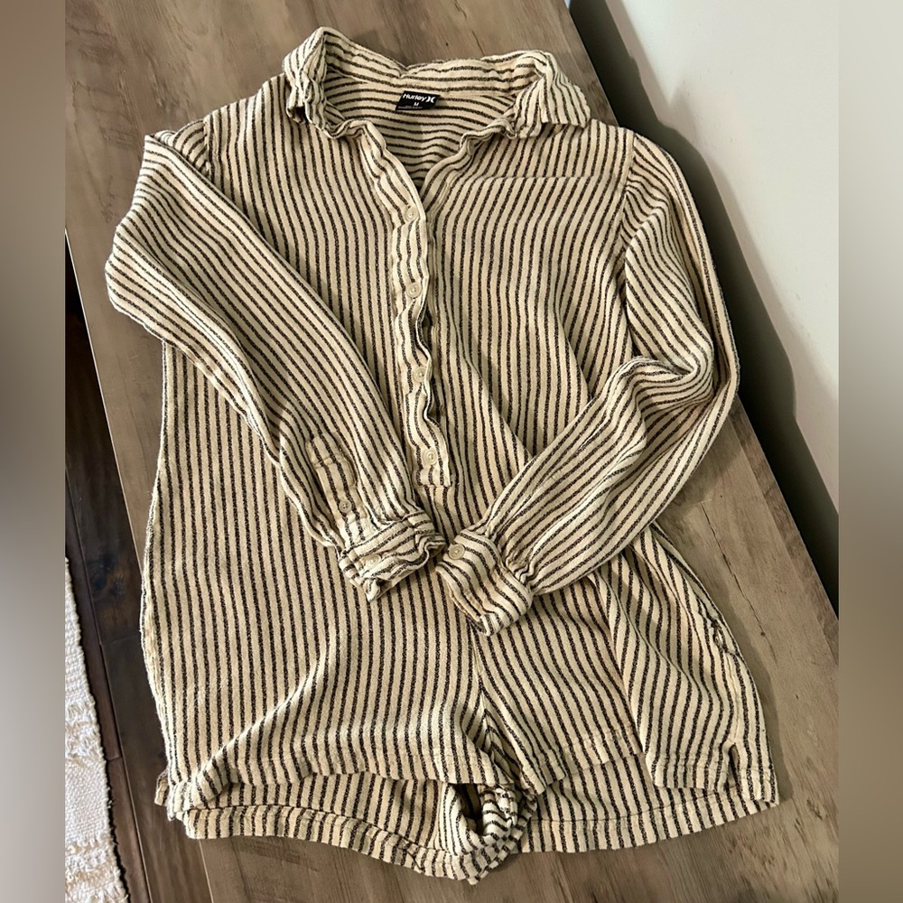 Hurley Striped Romper | Cream & Black Button Front Collared One-Piece Size M